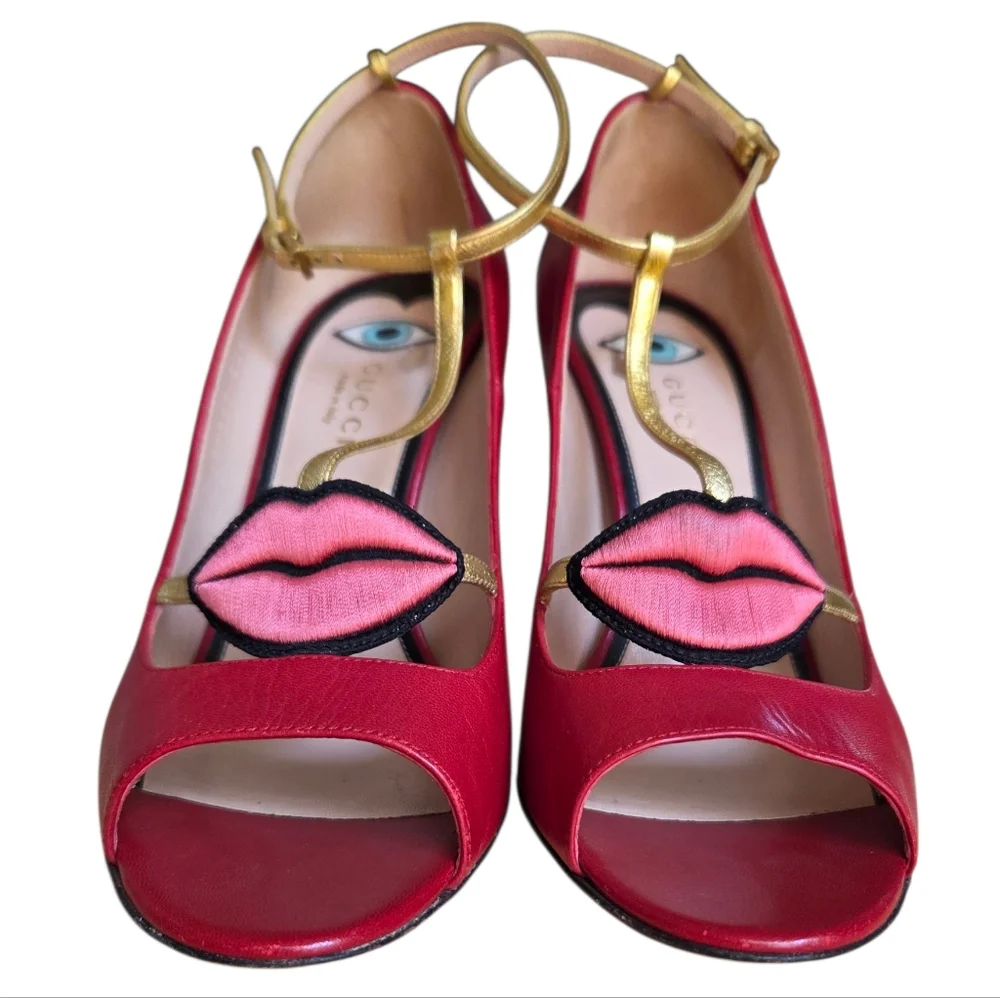 Iconic Gucci Molina Lips T-Strap Heels Red Gold Leather Pumps 38.5 - Picture 5 of 16